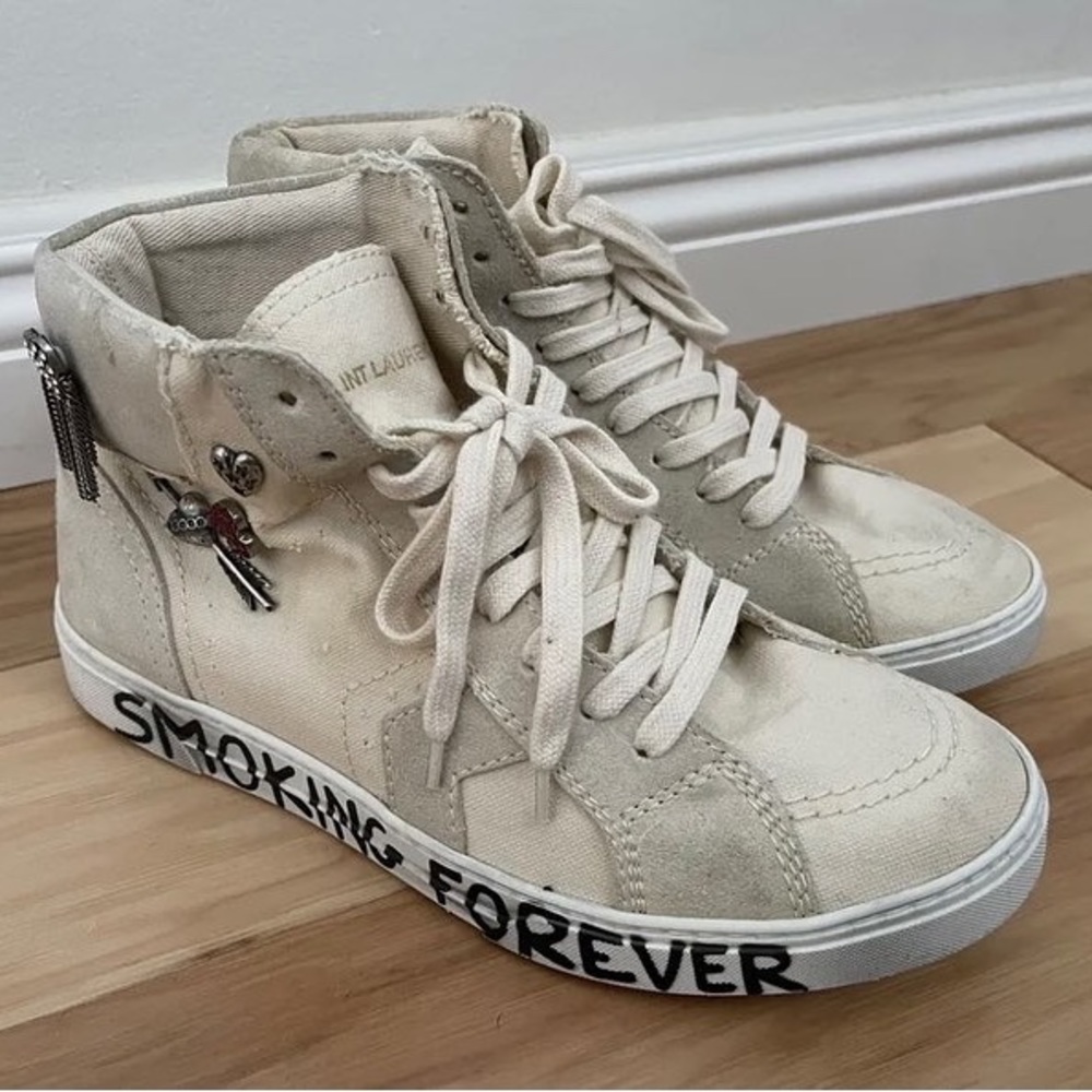 Saint Laurent Distressed Canvas Jeweled High Top Sneakers Sz 39/8